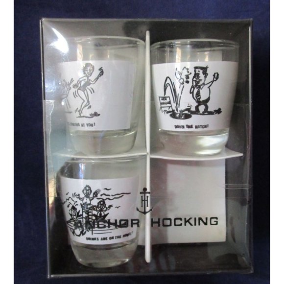 Inappropriate Bad Boy Cartoon Shot Glasses Vintage Anchor Hocking Three IOP - Picture 2 of 14